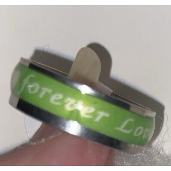Unisex Ring Stainless Steel and Enamel Green & Silver "Forever Love" Size 10 - Picture 4 of 4